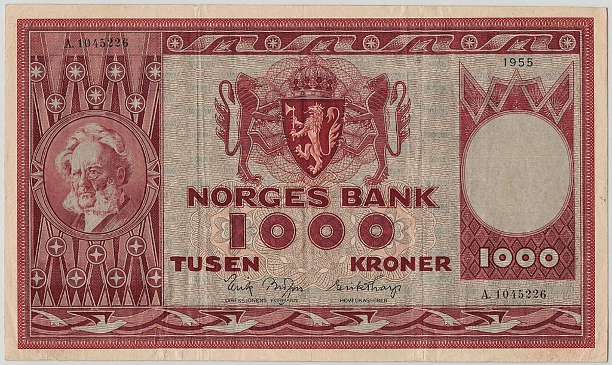 1000 kroner 1955 4. utgave Trebretter!