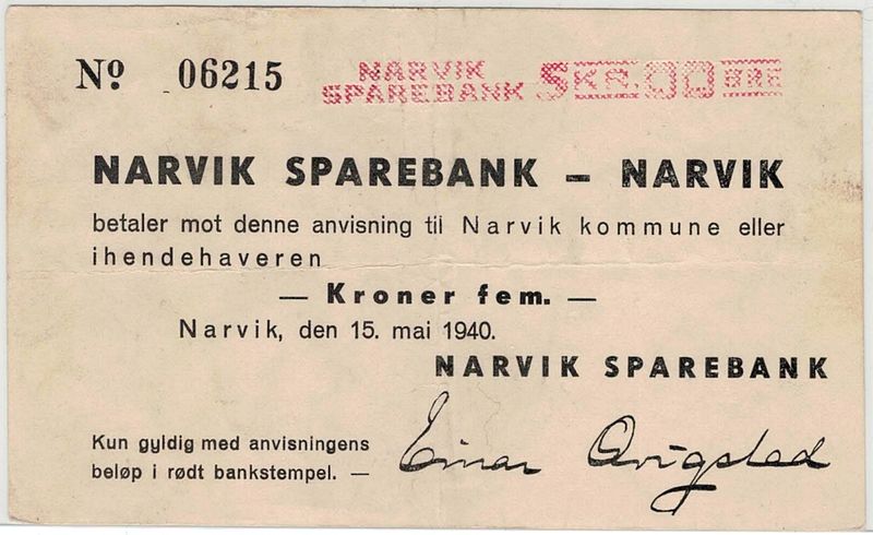Solgt! Narvik, 5 kroner 1940