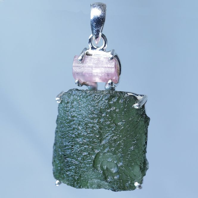 Hovedbilde Moldavitt-anheng med rosa turmalin (sterling sølv/925 Ag)
