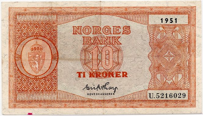 Hovedbilde 10 kroner 1951 U, kv. 1/1+, flekk